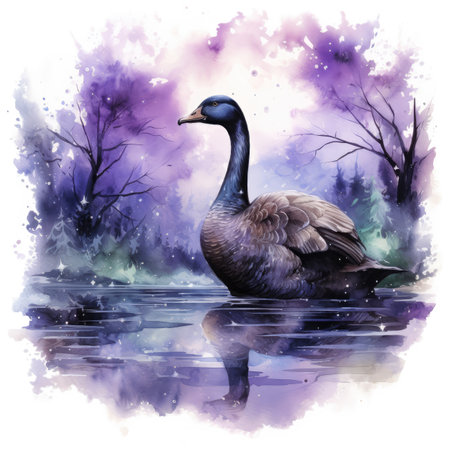 Beautiful watercolor illustration of a wild goose swimming in a lakeの素材