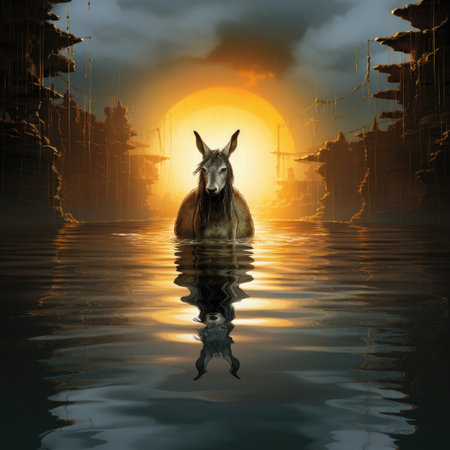 Donkey in the water at sunset. Collage.の素材