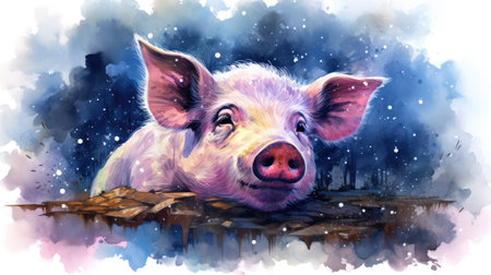 Watercolor painting of a pig in the forest.の素材