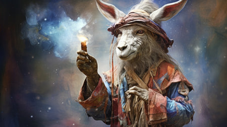 Portrait of a donkey with a burning candle in his hand.の素材