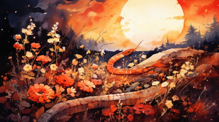 a snake in the meadow at sunset, fantasy landscapeの素材
