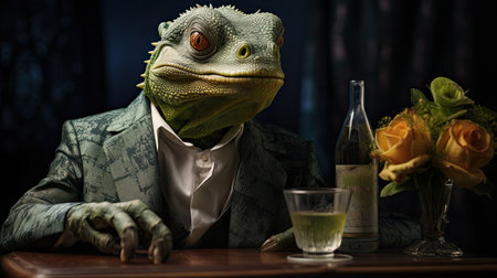 Portrait of a green reptile with a glass of wine.の素材