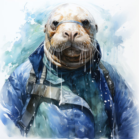 Watercolor portrait of a sea lion in a raincoat with a hoodの素材