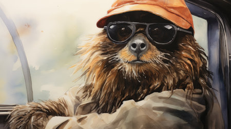 Portrait of a dog in a hat and glasses in the carの素材