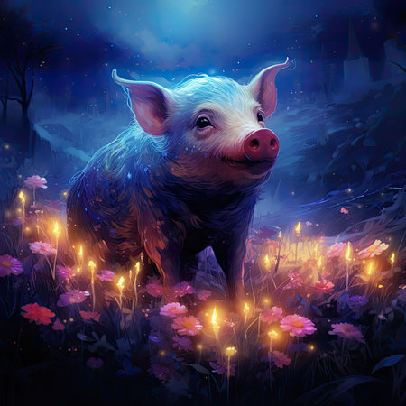 Pig in the meadow at night.の素材