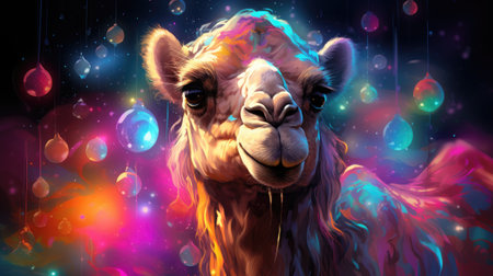 camel with christmas balls and bokeh backgroundの素材