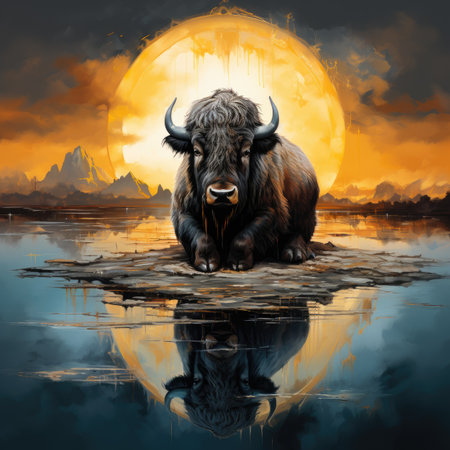 Black yak in front of the full moon with reflection in the waterの素材