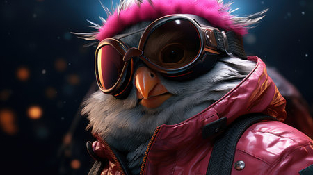 Cute bird wearing aviator helmet and goggles.の素材