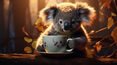 Cute koala bear with cup of coffee in autumn forest.の素材