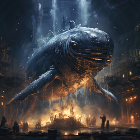 a big whale coming out of a fountain at nightの素材