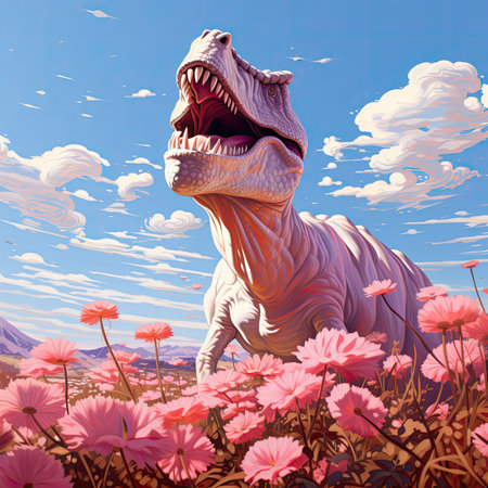 Dinosaur in the meadow with pink flowersの素材