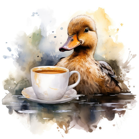 Watercolor Cute duck with cup of coffeeの素材