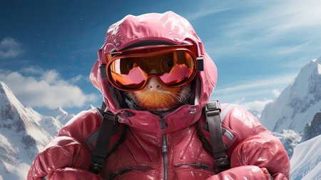 Portrait of a cat wearing a ski helmet and goggles against snowy mountainsの素材