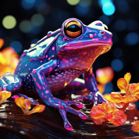 a blue frog on a dark background with bokehの素材