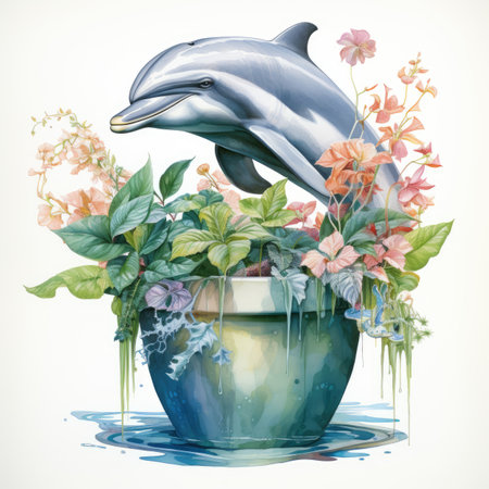 Watercolor Dolphin jumping out of flower pot with flowers.の素材