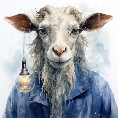 Portrait of a goat in a raincoat with a light bulb.の素材