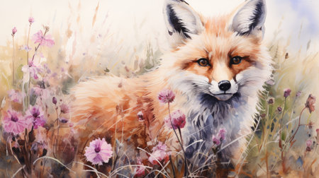 a fox in a meadow with flowersの素材