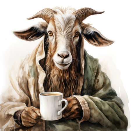 Portrait of a goat with a cup of coffee on a white backgroundの素材