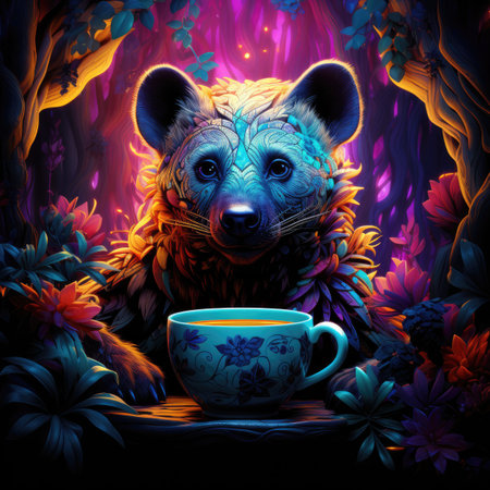 Fantasy illustration with a bear and a cup of hot tea.の素材