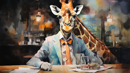 Giraffe in a cafe with a glass of whiskey and a cigarの素材