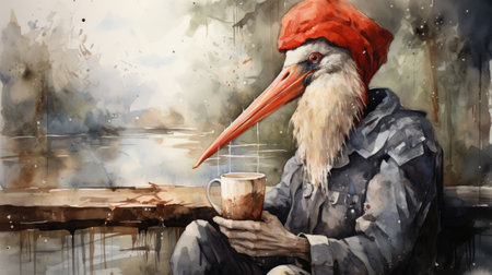 Painting of a stork with a cup of coffee in his handの素材