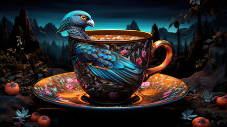 Cup of coffee with a bird in the forest.の素材