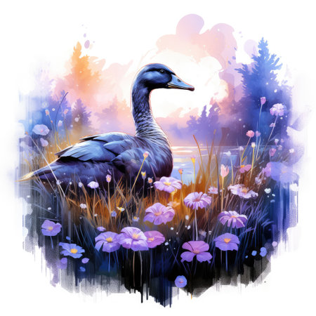 Watercolor swan on a meadow with flowersの素材