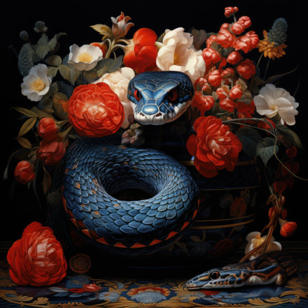Beautiful snake with flowers on a black background.の素材
