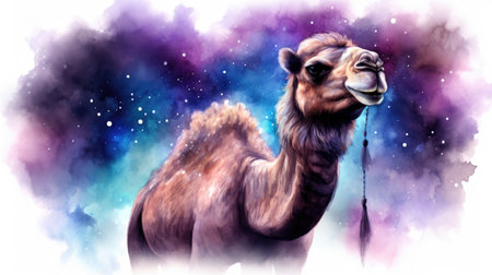 a camel in the night sky with stars and nebulaの素材