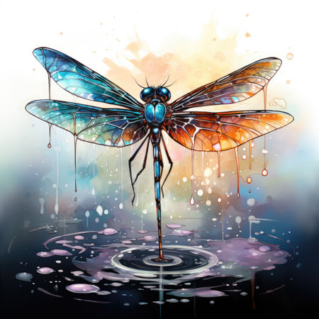 Watercolor Dragonfly on water background.の素材