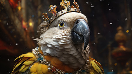 Portrait of a parrot with a crown on his head.の素材