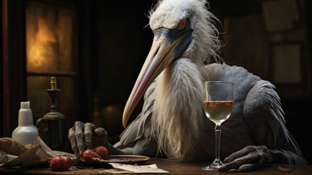 Pelican with a glass of white wine on a wooden tableの素材