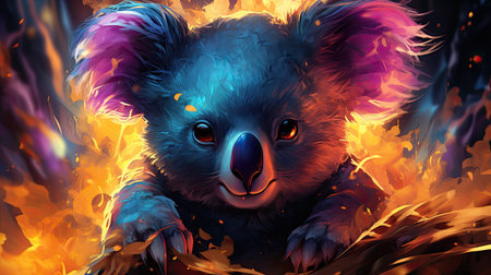 an koala in the fire with flames in the backgroundの素材