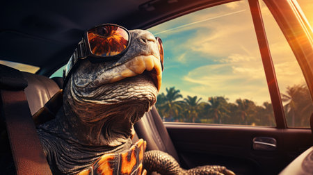 Turtle in the car with sunglasses. Travel by car concept.の素材