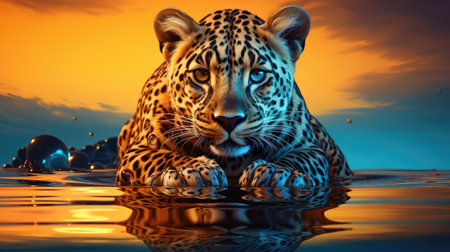 Leopard in the water.の素材
