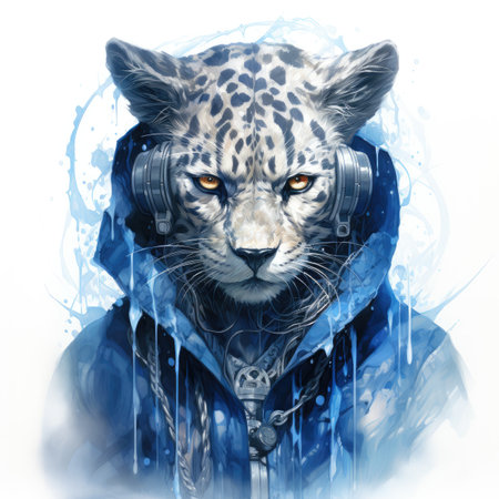 Fashion portrait of a leopard in a raincoat with headphones.の素材