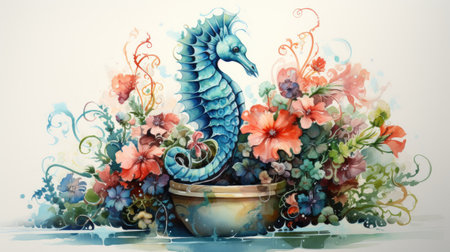 a blue seahorse in a pot with flowersの素材