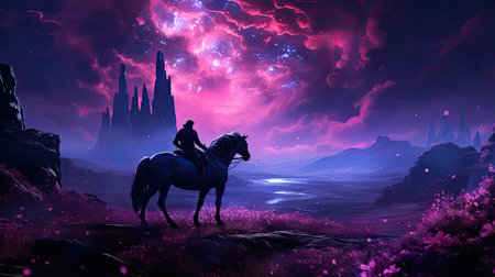Man riding a horse in a fantasy landscape.の素材