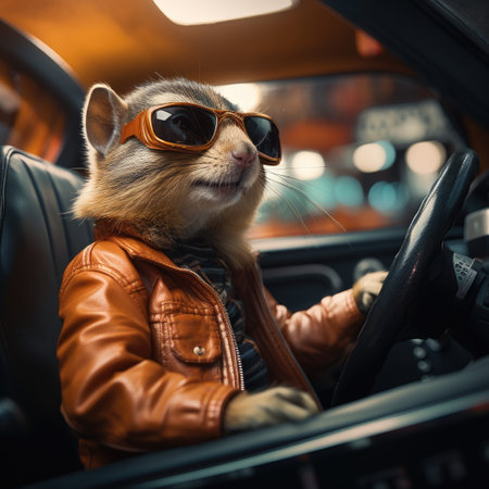 Funny cat in a leather jacket and sunglasses driving a car.の素材