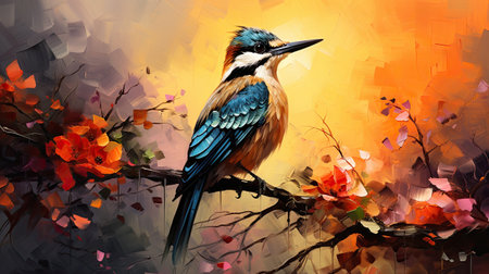 a kingfisher bird sitting on a branch in autumnの素材