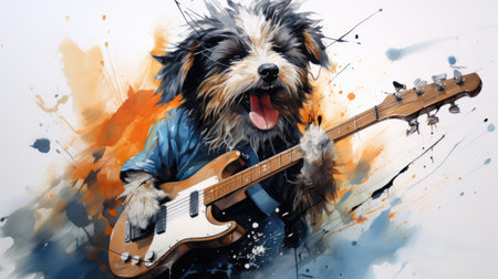 Yorkshire Terrier playing the electric guitar on abstract watercolor backgroundの素材