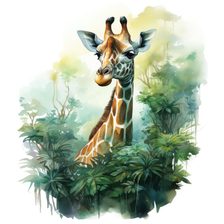 Watercolor Giraffe in the jungle on white backgroundの素材