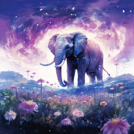 an elephant in the meadow with daisiesの素材