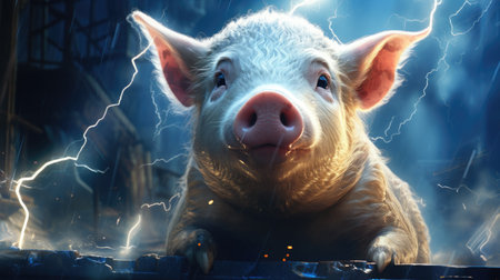 pig in the smoke on a dark background with lightning and smokeの素材