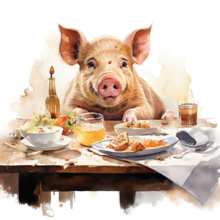 Watercolor Pig and breakfast on a wooden table.の素材
