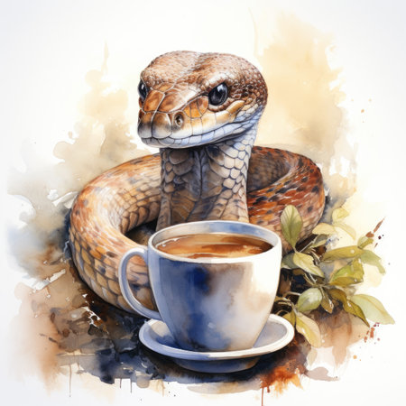 Watercolor snake and a cup of coffee on a white backgroundの素材