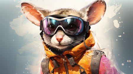 Portrait of a cute chihuahua dog wearing a ski suit and sunglassesの素材