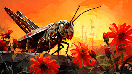 a grasshopper in the field with red flowersの素材