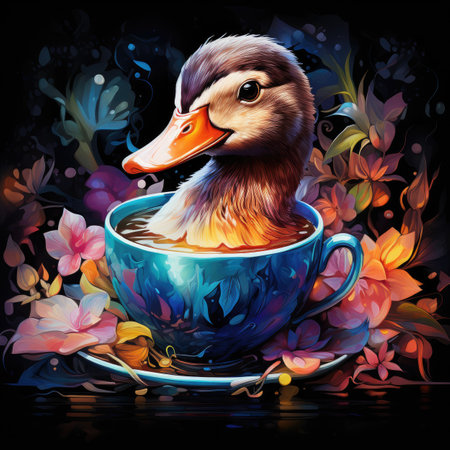 Cup of coffee with duck on floral background.の素材