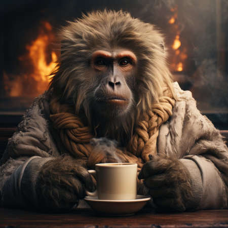 Monkey in a fur coat with a cup of coffee in front of the fireplaceの素材